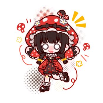 1girl anklet black_bow black_hair black_shoes black_skirt blunt_bangs bow braid bubble_skirt chibi chinese_commentary commentary_request dress flower frilled_headwear frilled_skirt frilled_sleeves frilled_thigh_strap frills glimmering_forest_(infinity_nikki) hair_over_shoulder halftone happy hat hat_bow hat_flower hat_ornament heart heart_print high_heels infinity_nikki jewelry long_hair long_sleeves low_twin_braids luoqianchen57923 miniskirt mushroom mushroom_earrings mushroom_hat mushroom_hat_ornament neck_ruff nikki_(series) notice_lines o_o open_mouth outline outstretched_arms pleated_dress polka_dot polka_dot_headwear polka_dot_skirt polka_dot_sleeves print_shoes puffy_long_sleeves puffy_sleeves pumps red_bow red_dress red_hat red_outline shoes short_dress skirt sleeve_bow smile solo striped_clothes striped_dress thigh_bow thigh_strap twin_braids vertical-striped_clothes vertical-striped_dress white_background white_flower