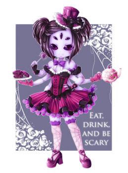 1girl :3 \||/ arthropod_girl asymmetrical_gloves bare_arms bare_shoulders black_bow black_dress black_gloves black_hair black_sclera block_heels bow bowtie breasts buttons candy candydantel cleavage closed_mouth clothing_cutout colored_sclera colored_skin commentary detached_collar donut dress english_commentary english_text extra_arms extra_eyes fangs fingerless_gloves floral_background flower food footwear_bow frilled_dress frilled_gloves frilled_hat frilled_thighhighs frills full_body glove_bow gloves grey_background hand_on_own_hip hat hat_bow heart_cutout high_heels highres holding holding_candy holding_food holding_lollipop holding_plate holding_teapot insect_girl leaf lollipop looking_at_viewer making-of_available mini_hat mini_top_hat mismatched_gloves muffet off-shoulder_dress off_shoulder outline over-kneehighs petite petticoat pink_bow pink_dress pink_flower pink_gloves pink_hat pink_rose pink_shoes pink_thighhighs plate puffy_short_sleeves puffy_sleeves purple_bow purple_bowtie purple_eyes purple_gloves purple_skin rose shoes short_hair short_sleeves silk simple_background small_breasts solo spider_girl spider_web spider_web_print standing striped_clothes striped_dress teapot thighhighs top_hat traditional_bowtie two-tone_dress two_side_up undertale utdr_(toby_fox) vertical-striped_clothes vertical-striped_dress white_flower white_outline white_rose zettai_ryouiki