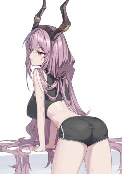 1girl arknights ass black_horns black_shorts black_sports_bra breasts fake_horns from_behind hair_spread_out hairband highres horn_hairband horns large_breasts leaning long_hair object panties_visible_through_clothes purple_hair red_eyes shorts siguya sports_bra twintails typhon_(arknights) very_long_hair