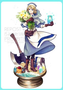 Rule 34 | 1girl, absurdres, axe, black pantyhose, blonde hair, blue border, blue dress, blue eyes, boots, border, brown boots, brown gloves, castti florenz, closed mouth, commentary request, dress, flower, full body, gloves, hat, highres, holding, holding flower, lace-up boots, looking to the side, medicine, nurse, nurse cap, octopath traveler, octopath traveler ii, octopuff traveler (octopath traveler), pantyhose, planted, planted axe, pouch, smile, solo, standing, togekawaaaaaa, water, watermark, white background