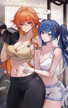 2girls ? ahoge alternate_costume armlet augusta_(wuthering_waves) bare_shoulders black_leggings blue_eyes blue_hair blush breasts cleavage closed_mouth collarbone commentary dumbbell earrings exercising fingernails gradient_hair gym hair_between_eyes hair_ornament heart heart_hair_ornament highres holding holding_dumbbell indoors iuno_(wuthering_waves) jewelry large_breasts leggings long_fingernails long_hair looking_at_another multicolored_hair multiple_girls navel orange_hair pants parted_lips red_eyes shorts smile sparkle sparkling_aura spoken_question_mark sports_bra stomach sun_earrings sweat symbol-only_commentary thighs torso_grab weightlifting white_shorts white_sports_bra wuthering_waves yellow_sports_bra yoga_pants zije
