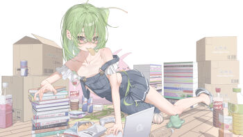 1girl absurdres antenna_hair asymmetrical_legwear bags_under_eyes bare_shoulders blue_overalls book book_stack bottle box can cardboard_box chips_(food) collarbone computer controller crocs double_strap_slip drink_can energy_drink flat_chest food food_in_mouth frills full_body game_controller glasses green_hair half-skirt highres laptop looking_at_viewer medium_hair mouth_hold naked_overalls off_shoulder on_floor original overalls plastic_bottle potato_chips red_bull semi-rimless_eyewear shoes snail_girl soda_bottle solo strap_slip white_background white_shoes wooden_floor yellow_eyes yoru_uyo