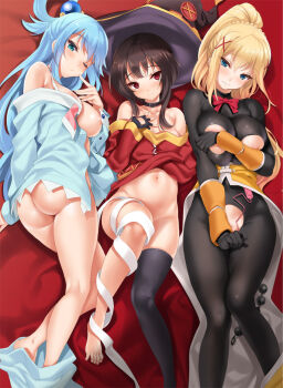 10s 3girls anal_beads aqua_(konosuba) areola_slip arm_warmers ass bandaged_leg bandages barefoot black_gloves black_hair black_legwear blonde_hair blue_eyes blush bodystocking bodysuit breasts choker cle_masahiro clothes_pull convenient_censoring covering_breasts covering_privates darkness_(konosuba) feet fingerless_gloves gloves hair_ornament hand_on_own_chest hat kono_subarashii_sekai_ni_shukufuku_wo! large_breasts medium_breasts megumin multiple_girls navel no_bra no_panties one_eye_closed pants pants_pull ponytail red_eyes sex_toy single_thighhigh small_breasts smile sphere_hair_ornament thighhighs toes top_pull vibrator witch_hat x_hair_ornament