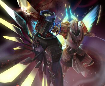 2others android armor blood blood_splatter blood_trail breastplate catnip_cataria character_request check_character cross faceless from_above full_body gabriel_(ultrakill) highres holding holding_sword holding_weapon impaled mask mechanical_wings multiple_others murder object_head pelvic_curtain shoulder_armor sword ultrakill v1_(ultrakill) weapon wings