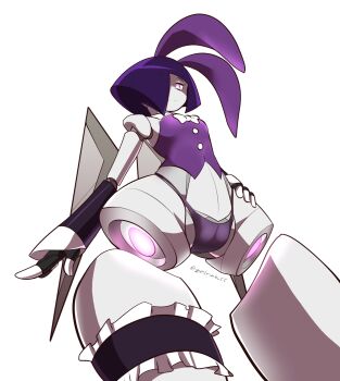 1girl 2019 artist_name black_sleeves bow bowl_cut bowtie cameltoe collarbone collared_shirt commentary cowboy_shot disembodied_foot english_commentary female_focus foreshortening frilled_thigh_strap from_below grey_armor hair_over_one_eye hand_on_own_hip highres mechabare midriff nontraditional_playboy_bunny original panties perspective pink_eyes purple_panties purple_vest rabbit_ears robot robot_girl shirt short_hair smile solo thigh_strap transparent_background underwear vest white_bow white_bowtie wings zedrin