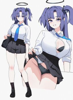 1girl absurdres alternate_costume black_bra black_panties black_skirt blue_archive blue_necktie blush bow bow_panties bra breasts button_gap chayen20baht clothes_lift collared_shirt commentary full_body hair_ornament halo highres large_breasts mechanical_halo necktie panties pleated_skirt purple_eyes purple_hair shirt shirt_tucked_in skirt skirt_lift teeth thighs triangle_hair_ornament two_side_up underwear white_shirt yuuka_(blue_archive)