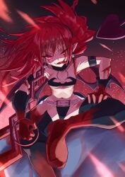 Rule 34 | 1girl, belt, blood, blood on face, choker, cuts, demon girl, demon tail, demon wings, disgaea, earrings, etna (disgaea), flat chest, gloves, highres, injury, jewelry, looking at viewer, makai senki disgaea, navel, pointy ears, red eyes, red hair, skirt, skull earrings, solo, spread legs, strail cycleman, tail, thighhighs, tongue, tongue out, twintails, white belt, wings