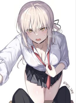 1girl artoria_pendragon_(fate) black_ribbon black_skirt blonde_hair breasts choker cleavage collared_shirt fate/grand_order fate_(series) hair_ribbon highres jacket long_hair long_sleeves looking_at_viewer low_ponytail medium_breasts natu_zame ponytail ribbon saber_alter shirt sidelocks skirt solo_focus white_shirt yellow_eyes