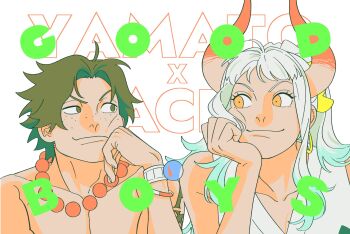 1boy 1girl aqua_hair bare_arms bare_shoulders bead_necklace beads black_hair collarbone earrings english_text freckles furrowed_brow hair_ornament hand_on_own_cheek hand_on_own_chin hand_on_own_face head_rest highres horns jewelry long_hair looking_at_another multicolored_hair necklace nyan_2020 one_piece oni orange_pupils ponytail portgas_d._ace red_horns shirt short_hair sidelocks sleeveless smile topless_male white_background white_hair white_shirt yamato_(one_piece)