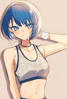 Rule 34 | 1girl, arm at side, arm behind head, armpit crease, bare arms, blue eyes, blue hair, blue trim, blush, bob cut, breasts, choker, collarbone, commentary, dot nose, drop shadow, grey sports bra, hand up, hatori naco, highres, kiritani haruka, looking at viewer, midriff, navel, orange background, parted lips, project sekai, short hair, sidelighting, small breasts, solo, sports bra, sweat, sweatband, symbol-only commentary, tsurime, twitter username, upper body, very sweaty