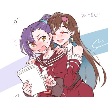 2girls :d ^_^ aqua_hair assault_lily asymmetrical_bangs bare_shoulders behind_another belt belt_buckle blue_background blush brown_hair brown_sailor_collar buckle closed_eyes colored_inner_hair commentary detached_collar detached_sleeves dress earrings flying_sweatdrops frilled_sleeves frills hair_between_eyes hairband halter_dress halterneck hand_up hands_on_another&#039;s_shoulders heads_together heart high_side_ponytail holding holding_paper honma_akehi ishizuka_fujino jewelry kanba_girls_high_school_uniform layered_sleeves long_hair long_sleeves looking_at_another looking_to_the_side multicolored_hair multiple_girls necktie nose_blush open_mouth paper pink_hairband purple_background purple_hair raised_eyebrows red_belt red_dress red_skirt sailor_collar santouka school_uniform serafuku short_necktie short_sleeves side_ponytail sideways_glance skirt sleeveless sleeveless_dress smile sweatdrop translated two-tone_hair underbust upper_body very_long_hair white_background white_necktie yellow_eyes yuri