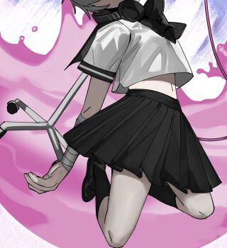 1girl bandaged_arm bandages black_sailor_collar black_shoes black_socks commentary_request flower_(vocaloid) grey_hair head_out_of_frame headphones headphones_around_neck highres intravenous_drip iv_stand kneeling miniskirt navel pleated_skirt sailor_collar school_uniform serafuku shoes short_hair skirt socks solo soyaka venom_(vocaloid) vocaloid