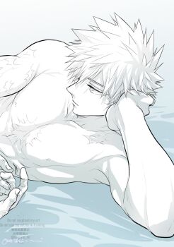 Rule 34 | 2boys, absurdres, armpit crease, armpits, bakugou katsuki, boku no hero academia, collarbone, commentary, greyscale, hand on own head, highres, lying, male focus, monochrome, multiple boys, multiple scars, nipples, on side, oroshi mi, pectorals, scar, scar on arm, scar on chest, short hair, signature, solo focus, spiked hair, untranslatable commentary, toned, toned male, upper body, watermark