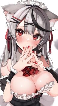 1girl animal_ear_fluff animal_ears blush braid breasts cleavage closed_mouth detached_collar detached_sleeves dress frilled_dress frilled_wristband frills grey_hair hair_ribbon highres hololive large_breasts long_hair looking_at_viewer maid_headdress punikasu red_eyes red_nails red_ribbon ribbon sakamata_chloe swept_bangs tearing_up upper_body white_background