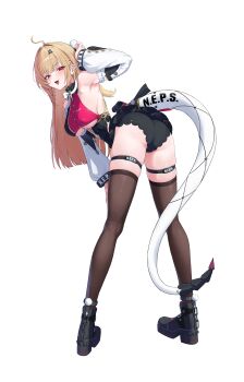 1girl absurdres ahoge arm_up armpits ass bare_shoulders bent_over black_boots black_choker black_panties black_skirt blonde_hair boots braid breasts brown_thighhighs chalky_(zenless_zone_zero) choker cissia_(zenless_zone_zero) collared_shirt commentary crop_top detached_sleeves duplicate fang frilled_sleeves frills from_behind full_body gonplap hair_ornament hairclip hand_on_own_thigh highres large_breasts long_hair long_sleeves looking_at_viewer looking_back miniskirt open_mouth panties pixel-perfect_duplicate red_eyes red_shirt shirt simple_background skindentation skirt sleeveless sleeveless_shirt smile snake solo standing tail thigh_strap thighhighs thighs twisted_torso underboob underwear white_background zenless_zone_zero