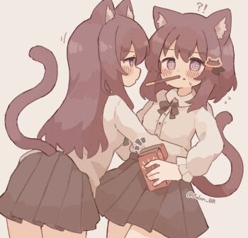 Rule 34 | !?, 2girls, @ @, animal ear fluff, animal ears, black ribbon, black skirt, blush stickers, brown hair, cat ears, cat girl, cat hair ornament, cat tail, collared shirt, colon br, commentary, cowboy shot, flying sweatdrops, food, food in mouth, hair ornament, highres, holding, holding food, long hair, long sleeves, looking at another, multiple girls, neck ribbon, original, pleated skirt, pocky, pocky day, purple eyes, ribbon, shirt, simple background, skirt, tail, twitter username, white background, white shirt, yuri