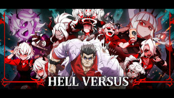 1boy 6+girls animal_ears azazel_(helltaker) beelzebub_(helltaker) blush breasts cerberus_(helltaker) chain commentary_request demon_girl demon_horns demon_tail dog_ears dog_girl frown glasses gloves grin halo helltaker helltaker_(character) highres horns jacket judgement_(helltaker) justice_(helltaker) kyo-hei_(kyouhei) large_breasts long_hair looking_at_viewer lucifer_(helltaker) malina_(helltaker) modeus_(helltaker) multiple_girls open_mouth pandemonica_(helltaker) red_eyes red_shirt shirt short_hair smile sunglasses tail teeth torn_clothes torn_jacket triplets white_hair white_jacket zdrada_(helltaker)