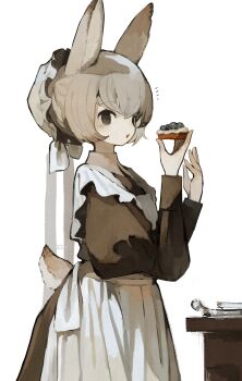 1girl absurdres animal_ears apron black_dress cake cake_slice commentary_request cowboy_shot dress food grey_eyes grey_hair hands_up hat highres holding holding_food juliet_sleeves long_sleeves maid mob_cap notice_lines open_mouth original puffy_sleeves rabbit_ears rabbit_girl sakutake_(ue3sayu) short_hair simple_background solo white_apron white_background white_hat