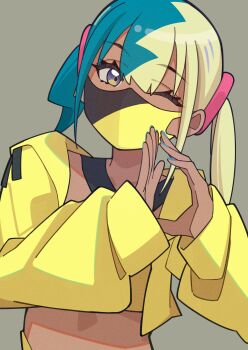 1girl absurdres bandeau blonde_hair blue_hair breasts canari_(pokemon) cleavage dark-skinned_female dark_skin highres jacket kafueore long_sleeves looking_at_viewer mask medium_breasts medium_hair mouth_mask multicolored_hair nintendo one_eye_closed pokemon pokemon_legends:_z-a purple_eyes solo split-color_hair twintails two-tone_mask yellow_bandeau yellow_jacket