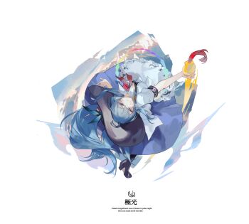 Rule 34 | 1girl, apron, black boots, black hat, blue hair, blue skirt, boots, bow, bowtie, closed mouth, collared shirt, commentary, english text, frills, hair between eyes, hat, hat ornament, highres, hinanawi tenshi, holding, holding sword, holding weapon, leaf hat ornament, long hair, looking at viewer, looking up, peach hat ornament, puffy short sleeves, puffy sleeves, purple eyes, red bow, red bowtie, reeh (yukuri130), shirt, short sleeves, skirt, smile, solo, sword, touhou, touhou hisoutensoku, weapon, white apron, white shirt