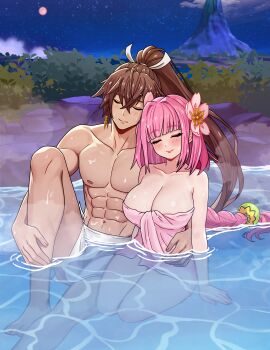 1boy 1girl abs absurdres breasts brown_hair closed_eyes closed_mouth commission commissioner_upload couple hetero high_ponytail highres large_breasts leaning_on_person mixed-sex_bathing naked_towel night night_sky onsen pectorals pink_hair ponytail rein_creamsoda rune_factory rune_factory:_guardians_of_azuma shared_bathing sky subaru_(rune_factory) towel ulalaka volcano