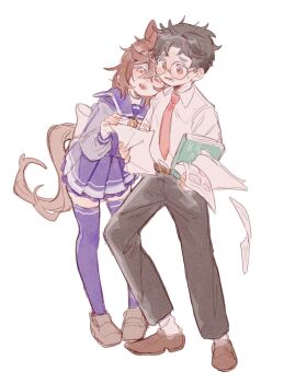 10matomat0 1boy 1girl animal_ears ayase_momo back_bow black_hair black_pants blush book bow brown_eyes brown_hair brown_shoes collared_shirt crossed_bangs dandadan falling_paper full_body glasses hair_between_eyes highres holding holding_book holding_paper horse_ears horse_girl horse_tail kemonomimi_mode leaning_on_person loafers medium_hair necktie nervous_sweating open_mouth pants paper parted_bangs purple_sailor_collar purple_skirt purple_thighhighs red_necktie round_eyewear sailor_collar shirt shoes short_hair skirt socks sweat tail takakura_ken_(dandadan) thighhighs white_background white_bow white_shirt white_socks zettai_ryouiki