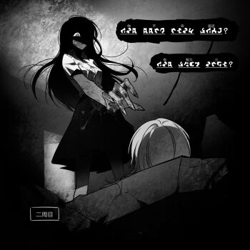 1boy 1girl 777054 adashino_adami chinese_commentary chinese_text commentary_request greyscale highres homicipher homicipher_text indoors long_hair monochrome mr._chopped reaching reaching_towards_another rubble school_uniform severed_head shaded_face shirt skirt translation_request