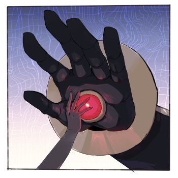 Rule 34 | 1girl, absurdres, aiba ami, alphamon, blue background, border, dawu233, digimon, digimon (creature), digimon story: cyber sleuth, gem, gradient background, hand focus, hashtag-only commentary, highres, red gemstone, simple background, white border