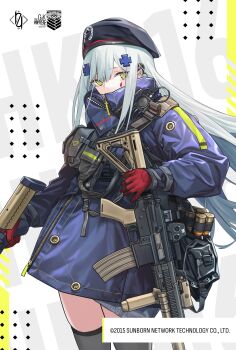 1girl 404_logo_(girls&#039;_frontline) 40x46mm_lv 40x46mmsr acog assault_rifle beret blunt_bangs earpiece facial_mark girls&#039;_frontline gloves green_eyes grey_hair griffin_&amp;_kryuger_logo grip gun h&amp;k_hk416 hair_ornament hat heckler_&amp;_koch highres hk416_(girls&#039;_frontline) holding holding_gun holding_weapon laser_sight long_hair looking_at_viewer nagikoru radio red_gloves rifle solo tattoo teardrop teardrop_facial_mark teardrop_tattoo weapon