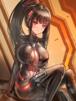 1girl absurdres arm_support black_bodysuit black_hair black_halo blue_archive blunt_bangs blush bodysuit breasts bright_pupils cleavage closed_mouth commentary_request covered_erect_nipples grabbing_own_breast gun hair_ornament halo highres holstered impossible_bodysuit impossible_clothes korean_commentary large_breasts latex latex_bodysuit long_hair looking_at_viewer multicolored_halo navel official_alternate_costume official_alternate_hairstyle partially_unzipped ponytail red_eyes ringed_eyes rio_(blue_archive) rio_(bodysuit)_(blue_archive) sidelocks sitting skin_tight solharuu solo steaming_body stomach sweat two-tone_halo very_long_hair weapon white_pupils