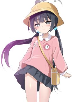 Rule 34 | 1girl, absurdres, black hair, black skirt, blue archive, blush, breasts, commentary request, grey eyes, hair bobbles, hair ornament, halo, hat, highres, kisaki (blue archive), kisaki (kindergarten uniform) (blue archive), long hair, long sleeves, looking at viewer, low twintails, miniskirt, open mouth, pink shirt, school hat, sen (astronomy), shirt, skirt, small breasts, solo, sparkling eyes, thighs, twintails, yellow hat
