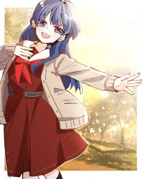 1girl black_socks blue_eyes blue_hair border brown_cardigan brown_dress cardigan commentary dress feet_out_of_frame hair_intakes hasu_no_sora_school_uniform highres kanduki_kamibukuro light_particles link!_like!_love_live! long_hair long_sleeves love_live! medium_dress mole mole_on_neck murano_sayaka neckerchief open_cardigan open_clothes outdoors outside_border pleated_dress red_neckerchief sailor_collar sailor_dress school_uniform socks solo virtual_youtuber white_border white_sailor_collar winter_uniform