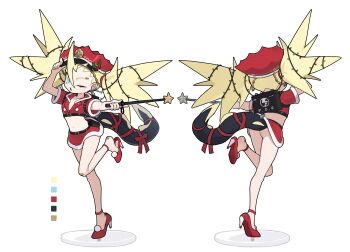 Rule 34 | 1girl, absurdres, ass, bandaid, bandaid on foot, bandaid on knee, bandaid on leg, baton (weapon), belt, belt pouch, black belt, blonde hair, blue eyes, chest harness, christmas lights, color guide, commentary request, crop top, ear piercing, eel girl, eel tail, expandable baton, eyebrow piercing, face piercing, faux figurine, fur-trimmed shirt, fur-trimmed skirt, fur trim, hair between eyes, hand on headwear, harness, hat, hat ornament, high heels, highres, holding baton (weapon), holly hat ornament, looking at viewer, miniskirt, multiple views, navel, one eye closed, original, outstretched arm, parted lips, piercing, police, police hat, police uniform, policewoman, pom pom (clothes), pouch, pumps, red hat, red ribbon, red shirt, red shoes, red skirt, ribbon, shirt, shoes, short sleeves, skirt, spiked hair, standing, standing on one leg, star (symbol), tail, tail ornament, tail ribbon, twintails, weapon, white background, zizi niisan