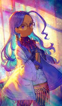 1girl ahoge bangle bindi bracelet brooch coat collar commentary cowboy_shot dark-skinned_female dark_skin dutch_angle expressionless fate/extra fate/grand_order fate_(series) flat_chest floating_clothes fringe_trim glasses hair_tubes hands_on_own_chest huge_ahoge indoors jewelry konpeitou_(konpe_it0) lab_coat light_particles light_rays long_hair official_art open_clothes open_coat plunging_neckline purple_collar purple_eyes purple_hair purple_theme rani_viii shirt sidelighting single_hair_tube solo standing third-party_source white_coat white_shirt wide_sleeves window