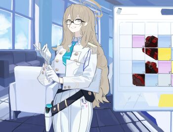 1girl absurdres adjusting_clothes adjusting_gloves akane_(blue_archive) alternate_costume aoi_(blue_archive) aoi_(blue_archive)_(cosplay) assault_rifle belt black_belt blue_archive blue_necktie bolt_action brown_eyes brown_hair brown_halo buttoned_cuffs buttons carrying carrying_under_arm chair collared_jacket cosplay cropped_jacket double-breasted dress dynamite epaulettes explosive glove_pull gloves gun hair_between_eyes hair_over_shoulder halo handgun hands_up highres holster holstered jacket long_hair long_sleeves looking_at_viewer loose_belt misutkaru necktie puzzle ribbed_dress ribbed_skirt rifle smile standing user_interface weapon welrod white_dress white_gloves white_jacket window