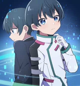 Rule 34 | 2boys, adjusting clothes, black hair, black jacket, dual persona, frown, gloves, hair behind ear, highres, hologram, jacket, looking at viewer, male focus, miromoppara-kun, multiple boys, onari taisei, shinkalion: change the world, shinkalion (series), short hair, v-shaped eyebrows, white gloves, white jacket