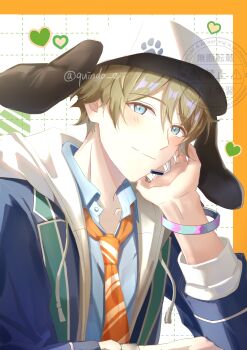 1boy absurdres blazer blue_eyes blue_shirt bracelet closed_mouth collared_shirt commentary diagonal-striped_clothes diagonal-striped_necktie drawstring ensemble_stars! hand_up headset heart highres hood hood_down hooded_jacket jacket jewelry kindo layered_clothes long_sleeves looking_at_viewer male_focus necktie official_alternate_costume open_clothes open_jacket paw_print shirt short_hair smile solo split_mouth striped_clothes takamine_midori twitter_username two-tone_headwear upper_body watermark