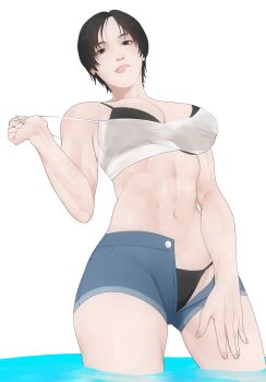 1girl absurdres ace_combat biting_own_lip black_hair black_panties blue_shorts bra breasts commentary english_commentary highres kei_nagase medium_breasts nelsion panties see-through_clothes short_hair shorts tomboy toned toned_female underwear