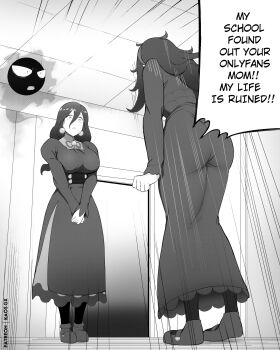 2girls artist_name ass black_dress black_hair black_pantyhose commentary curvy dress earrings emphasis_lines english_commentary english_text full_body gastly gen_1_pokemon greyscale hairband hex_maniac_(pokemon) hex_maniac_(pokemon_legends:_z-a) hex_maniac_(pokemon_xy) highres indoors jewelry kaos_art large_earrings looking_at_another mature_female meme monochrome mother_and_daughter multiple_girls nintendo onlyfans own_hands_together pantyhose parody pokemon pokemon_(creature) pokemon_legends:_z-a pokemon_xy r15+_ja_dame_desu_ka? speech_bubble standing tareme wide_hips worried