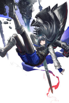 1girl absurdres animal_ears arknights artist_name black_cape black_hair black_jacket black_pantyhose blue_gloves blue_shorts boots breasts cape closed_mouth commentary fingerless_gloves floating_hair franlol full_body gloves hair_floating_upwards highres jacket knee_boots legs_up long_hair long_sleeves medium_breasts pantyhose pantyhose_under_shorts red_eyes shorts simple_background solo sword texas_(arknights) weapon white_background white_boots wolf_ears wolf_girl