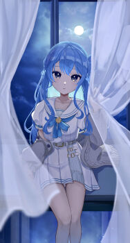 Rule 34 | 1girl, absurdres, belt, blue choker, blue eyes, blue hair, blue trim, blush, cardigan, choker, cloud, cloudy sky, collarbone, commentary request, curtains, full moon, grey belt, grey cardigan, highres, hololive, hoshimachi suisei, hoshimachi suisei (sailor), long hair, looking at viewer, moon, night, night sky, official alternate costume, parted lips, puffy short sleeves, puffy sleeves, risu (risuuu q), sailor collar, school uniform, see-through curtains, serafuku, shirt, short sleeves, skirt, sky, solo, virtual youtuber, white sailor collar, white shirt, white skirt