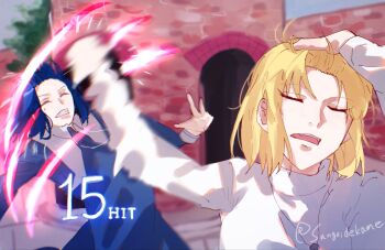2girls absurdres adjusting_hair arcueid_brunestud arm_up blonde_hair blue_eyes ciel_(tsukihime) closed_eyes hair_between_eyes hashtag-only_commentary highres hitting jewelry jujutsu_kaisen melty_blood melty_blood:_type_lumina meme multiple_girls naoya_hitting_choso_without_looking_(meme) necklace nun parody rapid_punches short_hair sungoidekame sweater tsukihime tsukihime_(remake) tunic turtleneck turtleneck_sweater white_sweater wing_collar