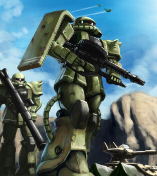 Rule 34 | aircraft, airplane, assault rifle, bazooka (gundam), commentary request, cyclops, dopp, fighter jet, gun, gundam, gunlin, highres, holding, holding gun, holding weapon, looking to the side, machine gun, magella attack, mecha, mecha focus, military vehicle, mobile suit, mobile suit gundam, morning, motor vehicle, mountain, no humans, one-eyed, outdoors, rifle, robot, rocket launcher, science fiction, sky, tank, walking, weapon, zaku ii, zaku ii f/j, zeon