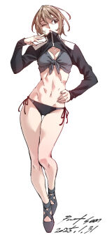 Rule 34 | 1girl, ballet slippers, black panties, breasts, brown eyes, brown hair, full body, highres, nabipenciller, navel, original, panties, ponytail, shirt, shrug (clothing), side-tie panties, small breasts, solo, thigh gap, tied shirt, underwear