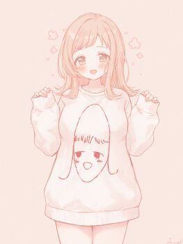 Rule 34 | 1girl, :d, blush, breasts, brown background, brown eyes, brown hair, commentary request, gameso, hands up, highres, idolmaster, idolmaster shiny colors, long hair, long sleeves, medium breasts, open mouth, pinching sleeves, print sweater, puffy long sleeves, puffy sleeves, sakuragi mano, signature, simple background, sleeves past wrists, smile, solo, sweater, white sweater