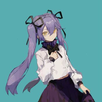 1girl aqua_background black_bow black_bowtie black_ribbon bow bowtie closed_mouth cowboy_shot expressionless hair_between_eyes hair_ribbon hand_on_own_chest highres long_hair long_sleeves original pleated_skirt purple_hair purple_skirt ribbon shirt simple_background skirt skirt_hold twintails vihua6 white_shirt yellow_eyes