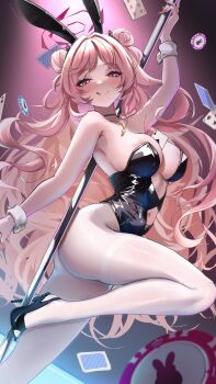 1girl :q absurdres alternate_costume animal_ears areola_slip armpits ass bare_shoulders black_leotard blue_archive blush bow bowtie breasts card cleavage closed_mouth covered_navel dancing detached_collar double_bun eyeshadow fake_animal_ears fake_tail full_body hair_bun hair_ornament halo heart high_heels highleg highleg_leotard highres holding jewelry kirara_(blue_archive) large_breasts leotard licking_lips long_hair looking_at_viewer makeup mascara navel necklace open_mouth pantyhose patent_heels perianist pink_eyes pink_hair playboy_bunny pole pole_dancing pumps rabbit_ears rabbit_tail shoes smile solo stiletto_heels strapless strapless_leotard stripper_pole tail thighband_pantyhose thighs tongue tongue_out very_long_hair wardrobe_malfunction white_pantyhose wrist_cuffs