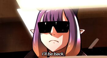 Rule 34 | 1girl, cosplay, ddolbang, gradient hair, hololive, hololive english, long hair, multicolored hair, ninomae ina'nis, orange hair, pointy ears, purple hair, solo, sunglasses, t-800, t-800 (cosplay), tentacle hair, terminator (series), the terminator, virtual youtuber