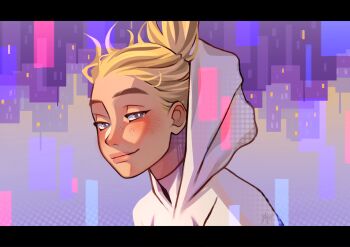 1girl blonde_hair blush commentary english_commentary freckles gluca grey_eyes gwen_stacy highres letterboxed marvel pink_lips ponytail portrait profile signature smile solo spider-gwen spider-man:_into_the_spider-verse spider-man_(series) spider-verse white_hood