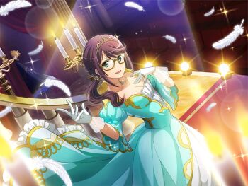 1girl aqua_dress breasts candlestand christine_daae christine_daae_(cosplay) cleavage collarbone cosplay dress falling_feathers feathers game_cg glasses gloves green_eyes hoshimi_junna jewelry long_hair looking_at_viewer medium_breasts official_art open_mouth phantom_of_the_opera ponytail purple_hair ring shoujo_kageki_revue_starlight shoujo_kageki_revue_starlight_-re_live- sidelocks solo stage_lights stairs standing tiara upper_body white_gloves